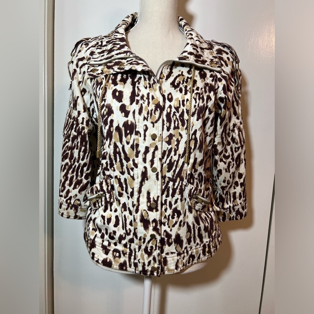 Just B Leopard Print Crop Jacket Women’s Size M Gold Metallic Accents 3/4 Sleeve - Picture 8 of 9